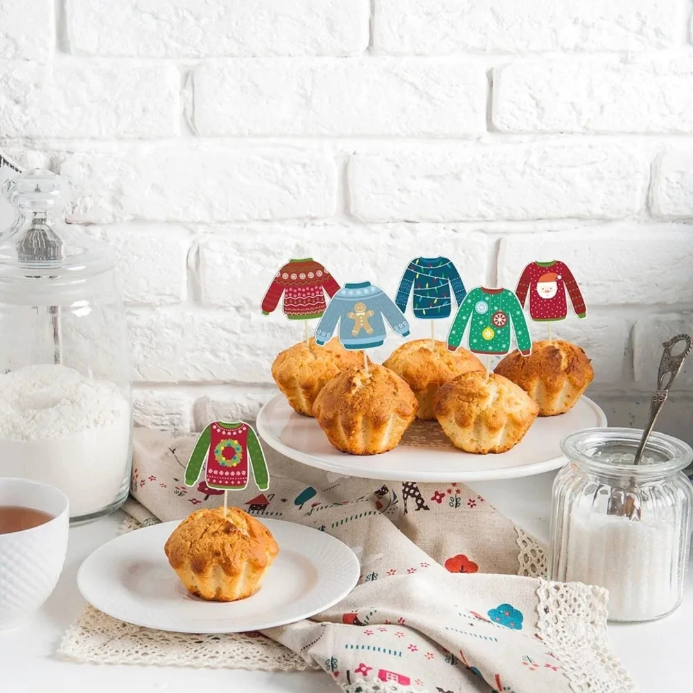 36 Pcs Christmas Cupcake Toppers, 6 Ugly Sweater Designs, Holiday Party Decor